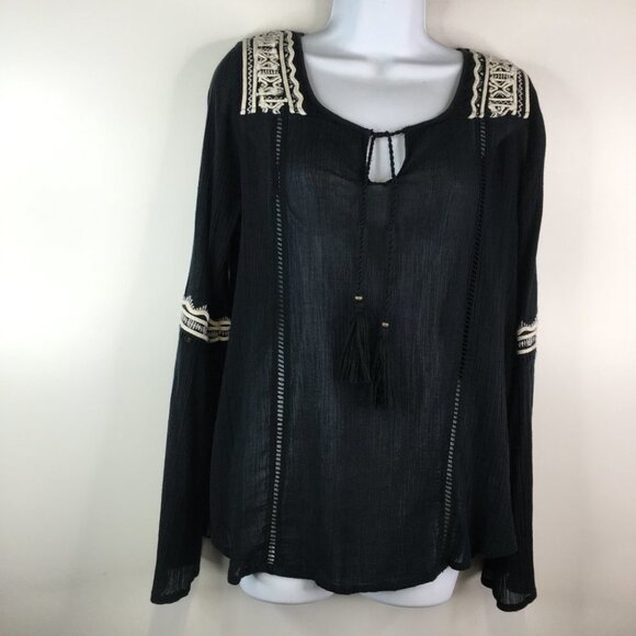 Billabong  see through  black boho long sleeve blouse - Picture 4 of 13